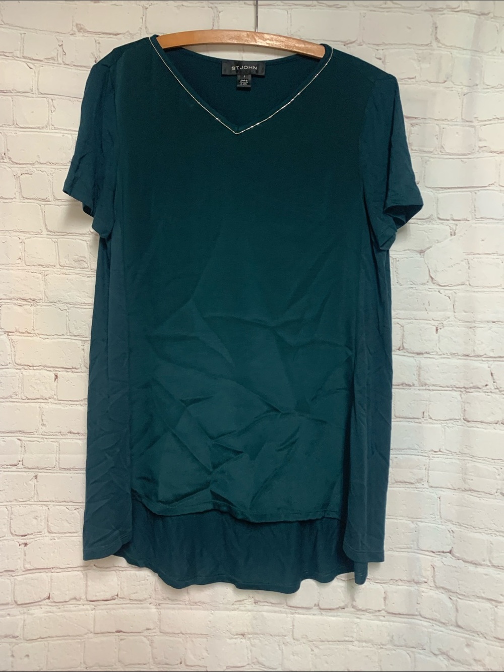 St. John Teal V-Neck Short Sleeve Jeweled Silk Tunic Top Size S